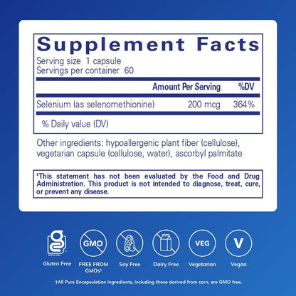 Selenium - 200 Mcg - for Healthy Cellular Function, Immune System & Antioxidant Defenses - Mineral Supplement - Vegan & Gluten Free - 60 Capsules