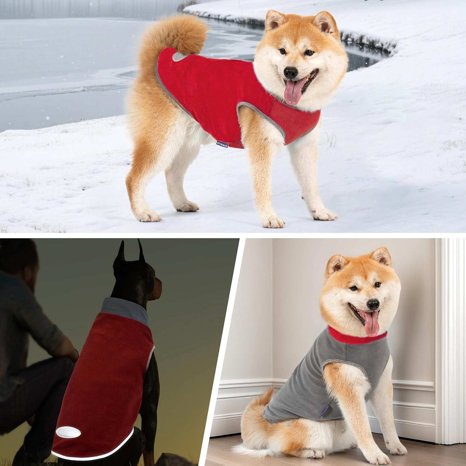 2 Pack Dog Fleece Sweater Stretchy Sweatshirt with Reflective Stripe Pullover Soft Jacket Pet Clothes Dog Sweaters for Small Dogs Cats Grey & Red